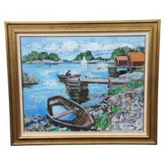 Vintage 20th Century Impressionist Oil on Canvas Dockside Seascape Painting Framed 40"