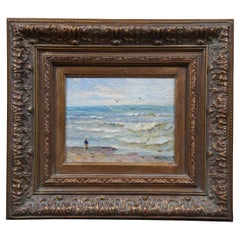 20th Century Impressionist Oil on Canvas Seascape Painting Beach Figure Birds