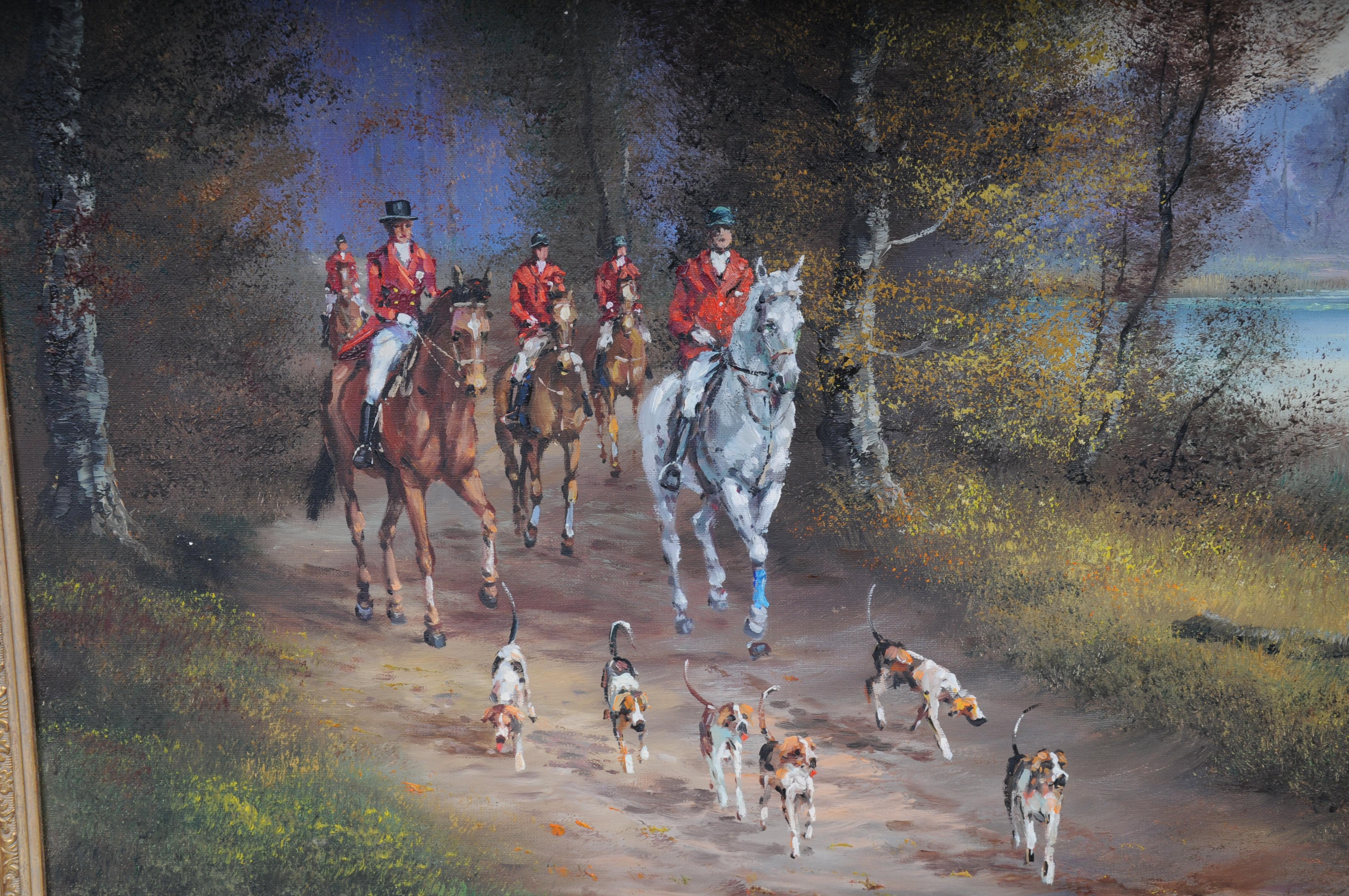 Dipinto a olio impressionista del XX secolo con cavaliere a cavallo e cani da caccia, firmato in vendita 4
