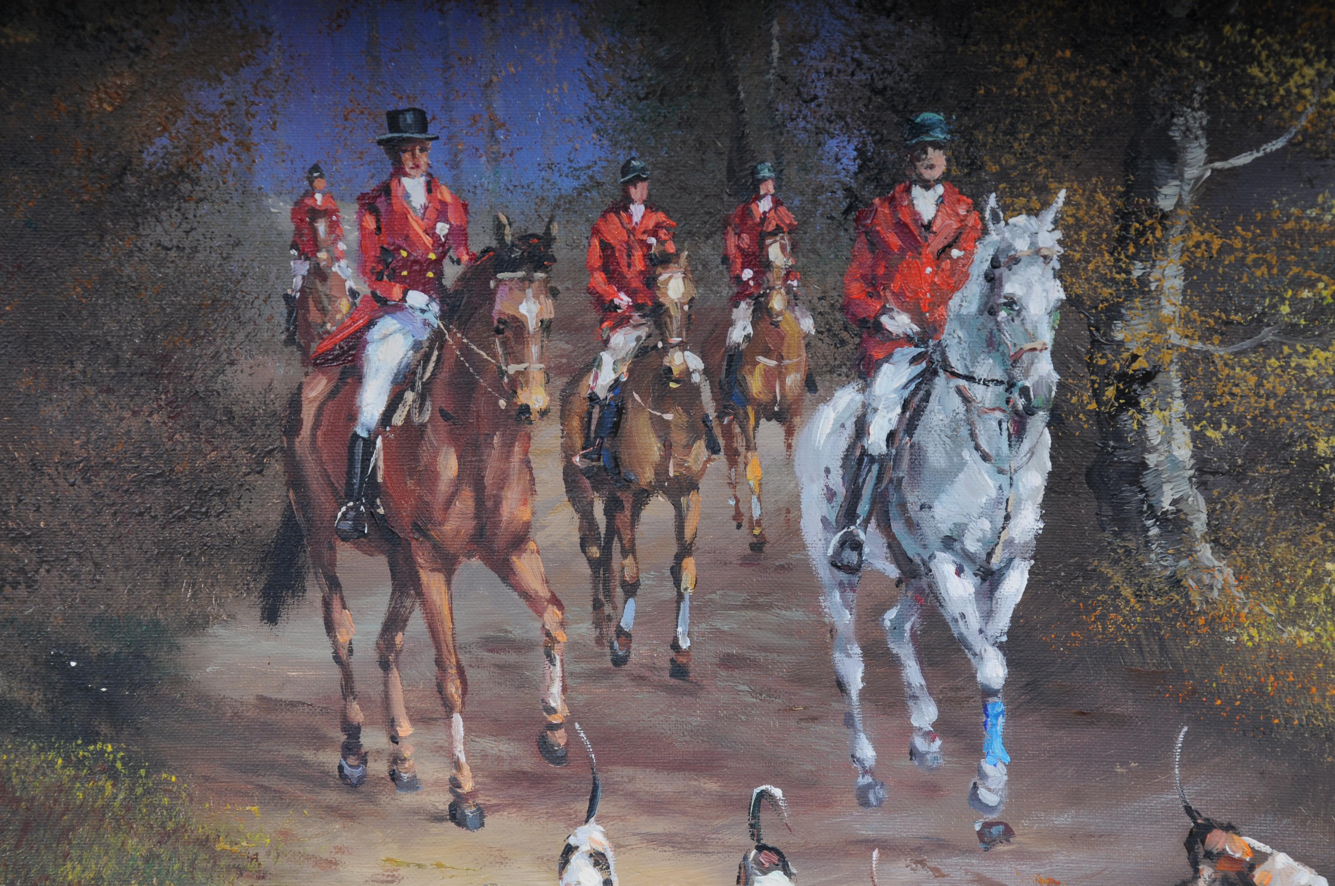 Dipinto a olio impressionista del XX secolo con cavaliere a cavallo e cani da caccia, firmato in vendita 5