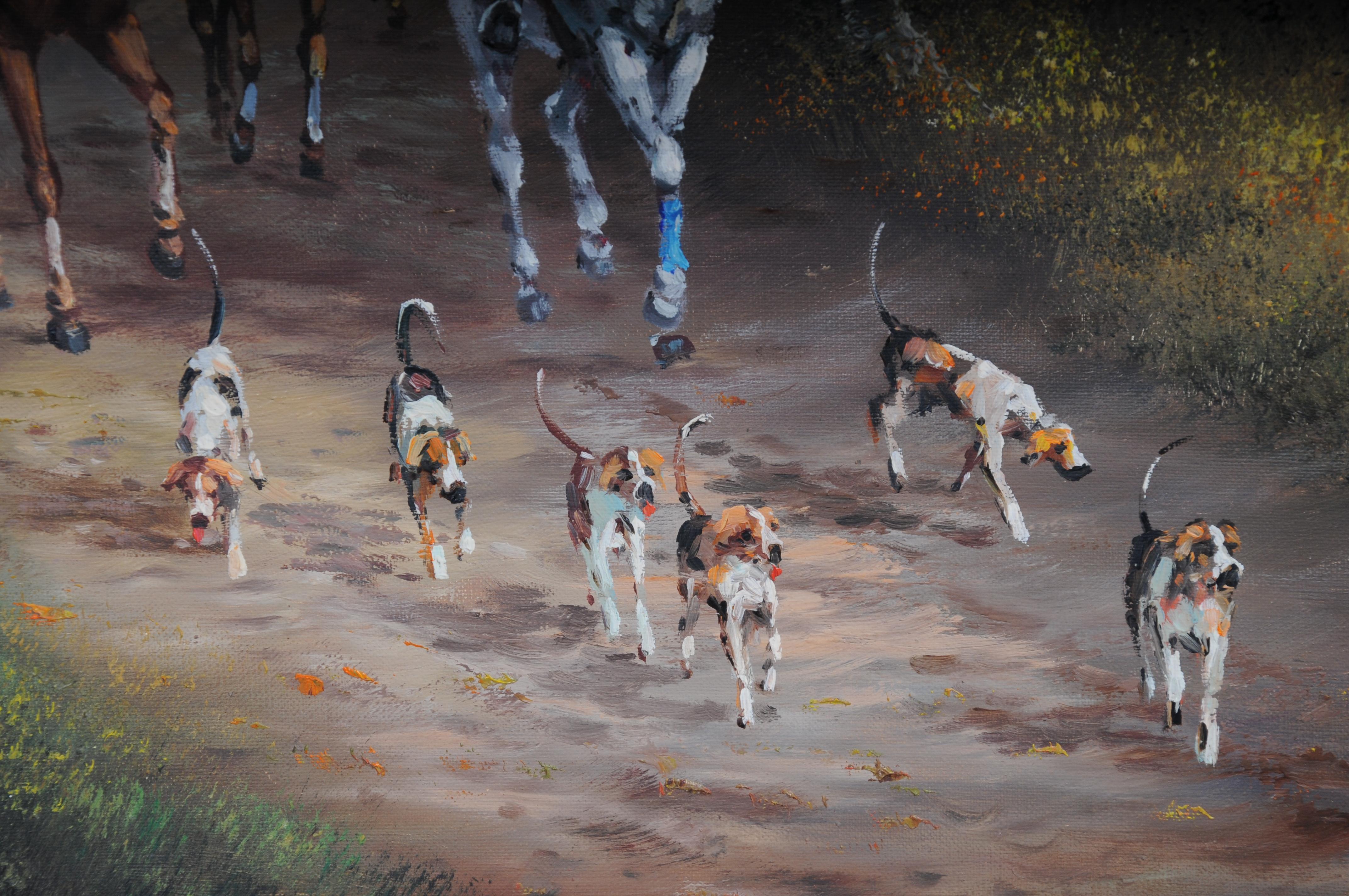 Dipinto a olio impressionista del XX secolo con cavaliere a cavallo e cani da caccia, firmato in vendita 6
