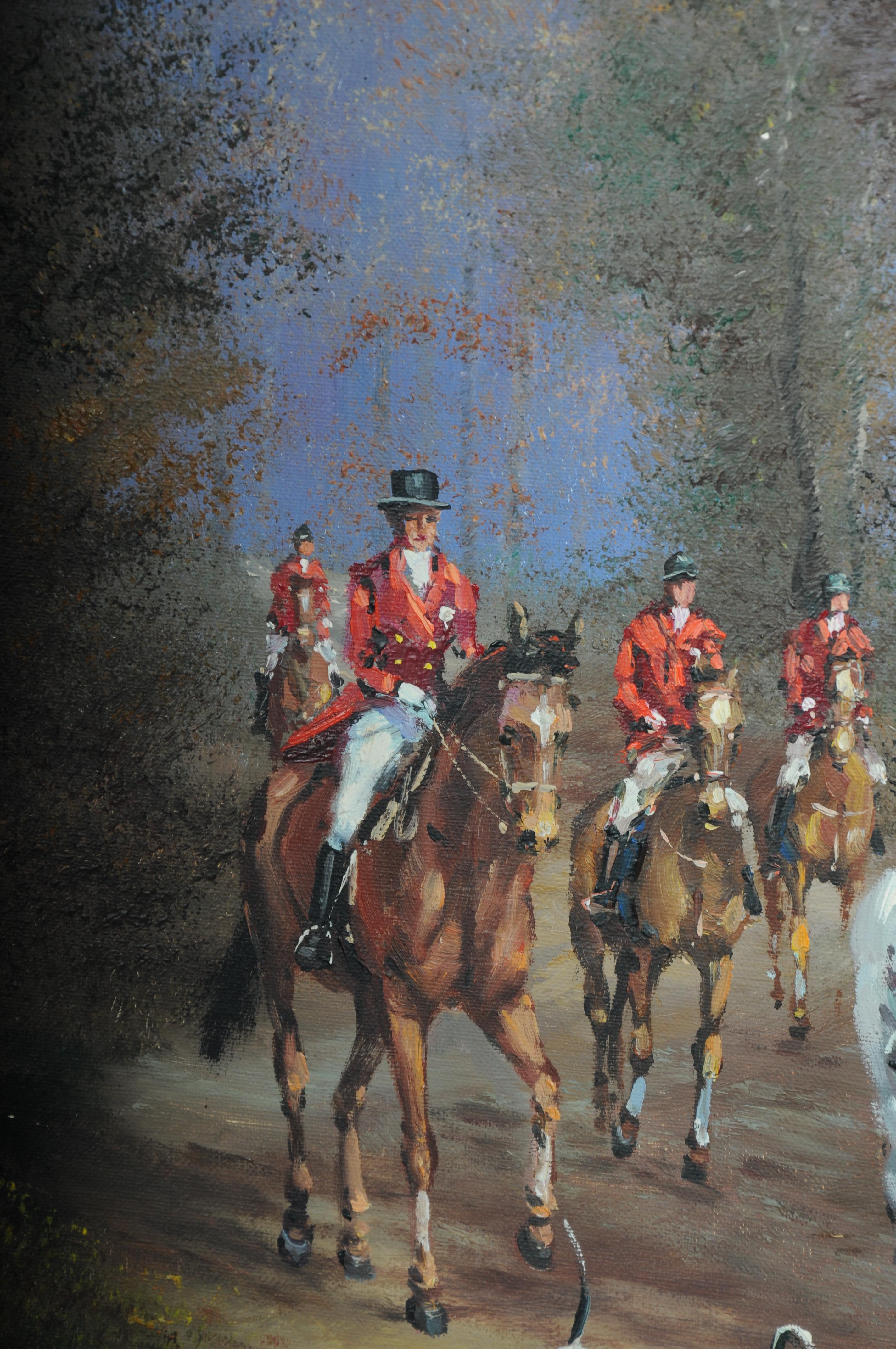 Dipinto a olio impressionista del XX secolo con cavaliere a cavallo e cani da caccia, firmato in vendita 8