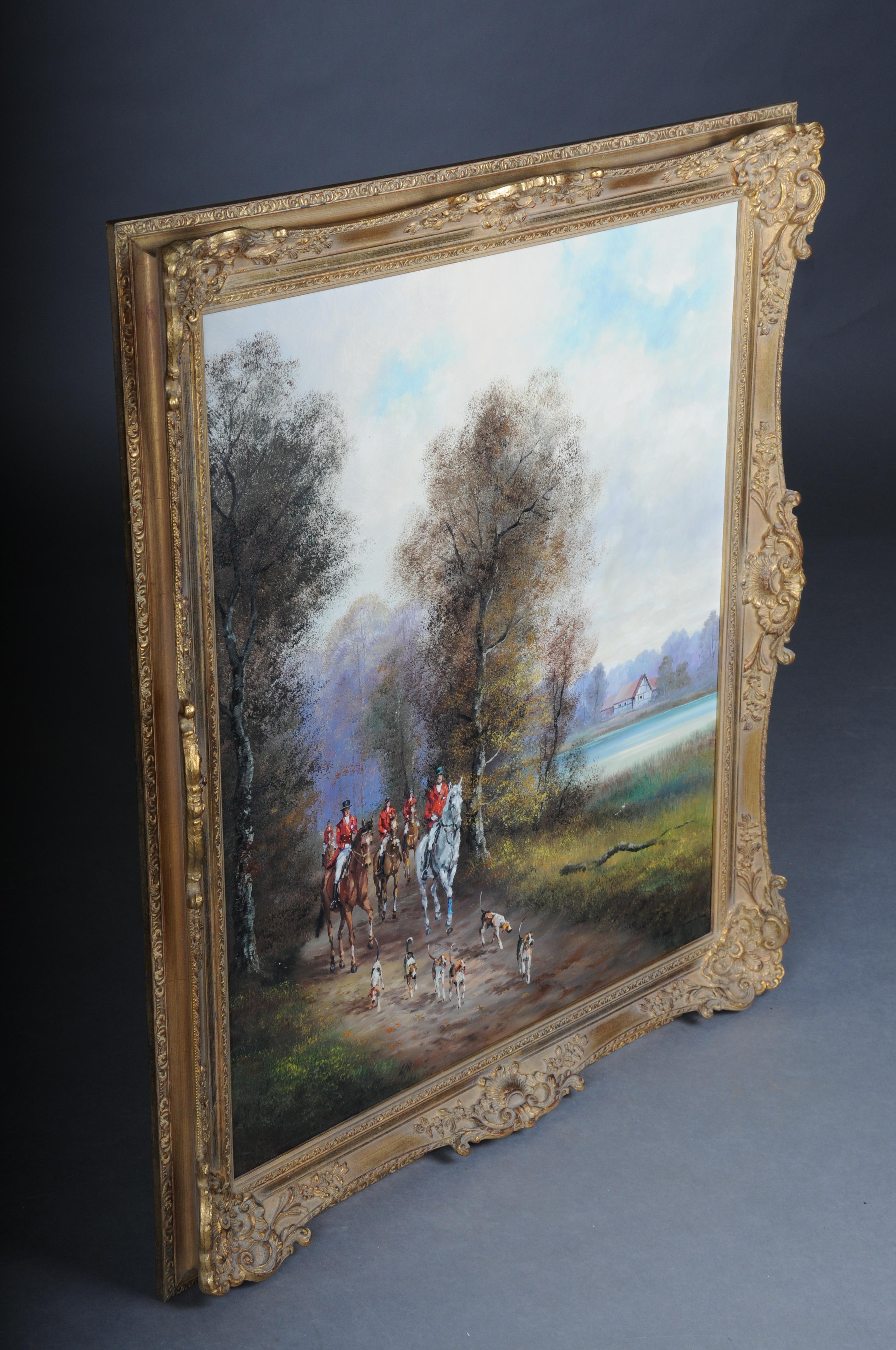 Dipinto a olio impressionista del XX secolo con cavaliere a cavallo e cani da caccia, firmato in vendita 10