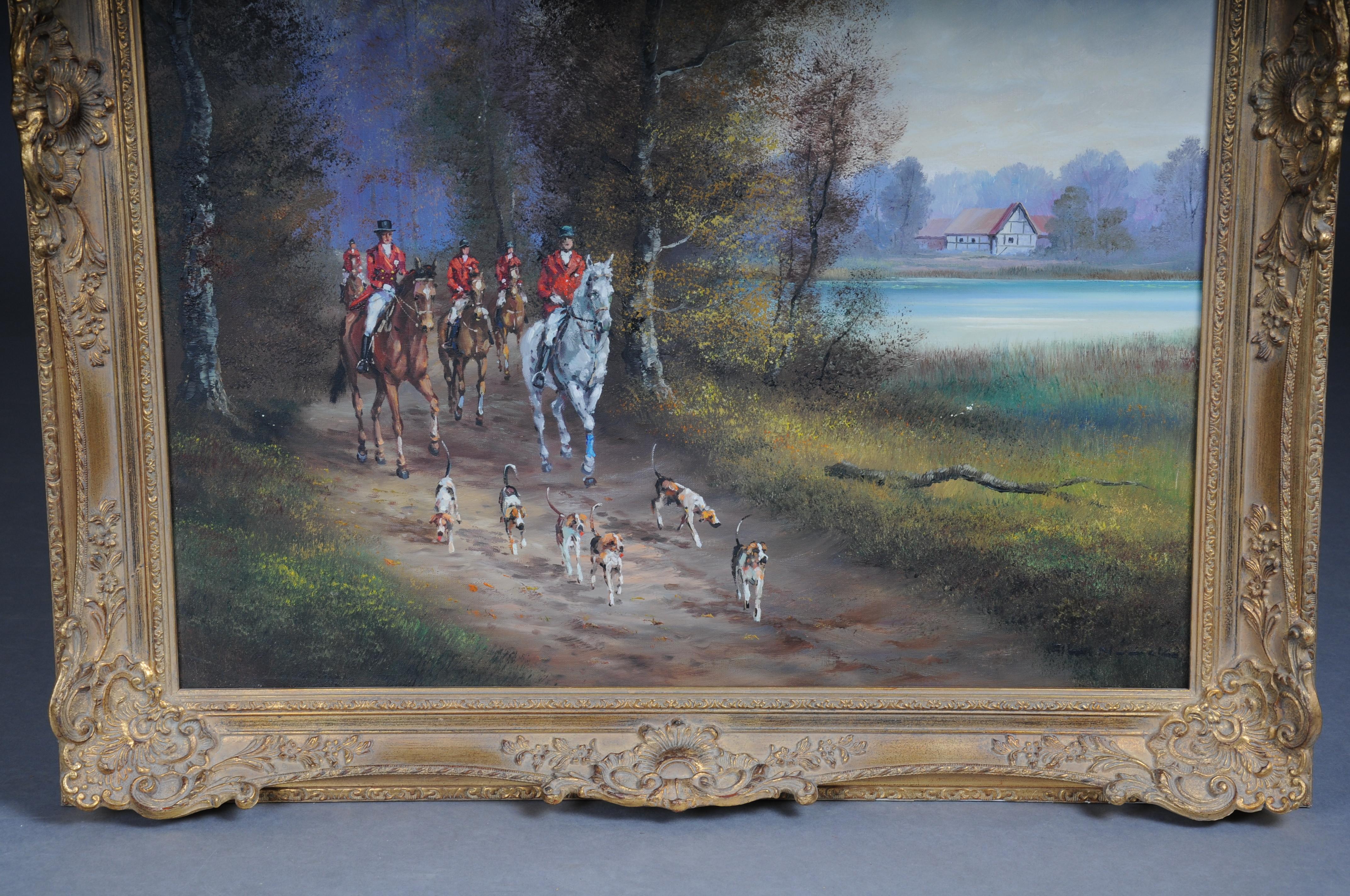 Tedesco Dipinto a olio impressionista del XX secolo con cavaliere a cavallo e cani da caccia, firmato in vendita
