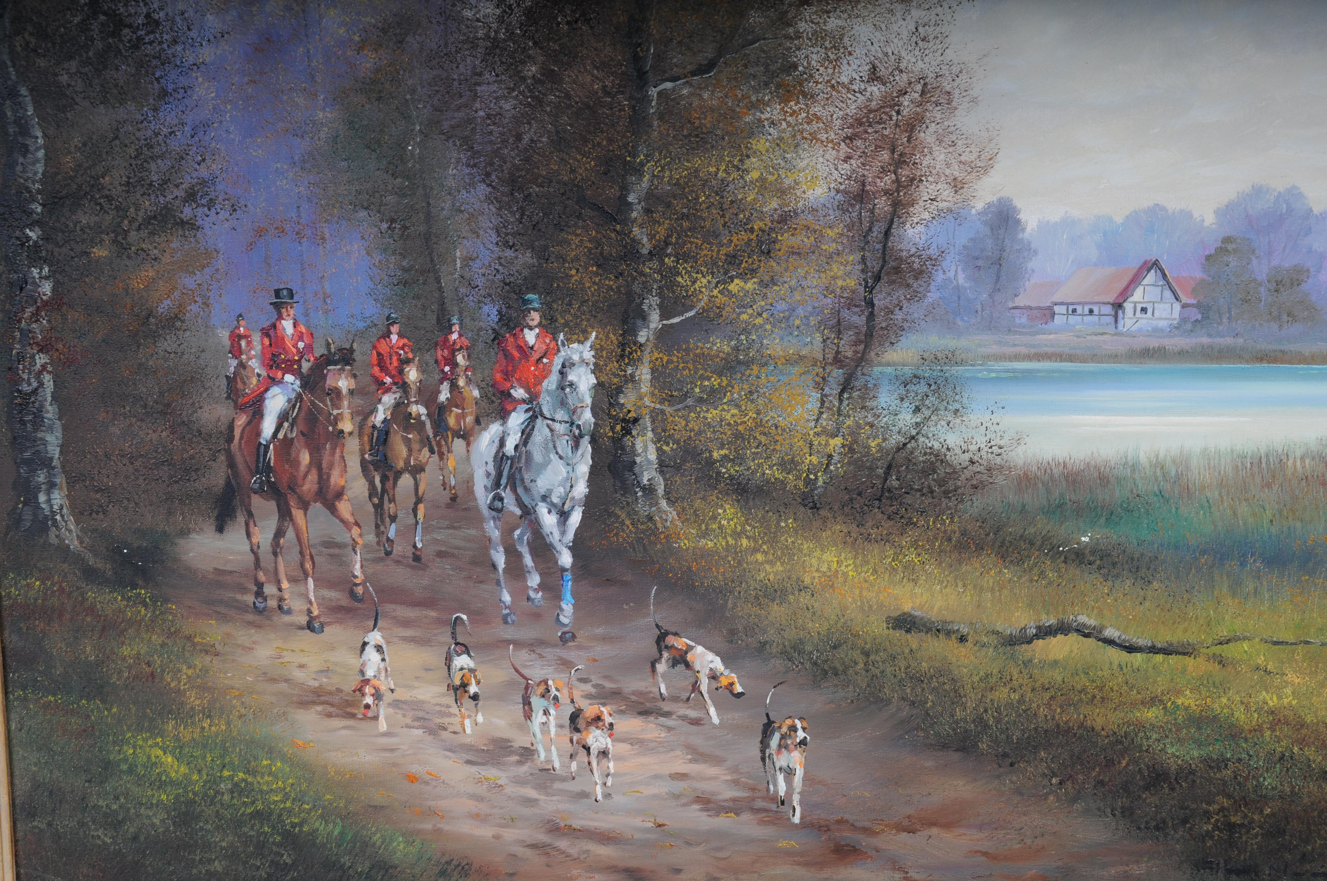 Dipinto a olio impressionista del XX secolo con cavaliere a cavallo e cani da caccia, firmato in vendita 3