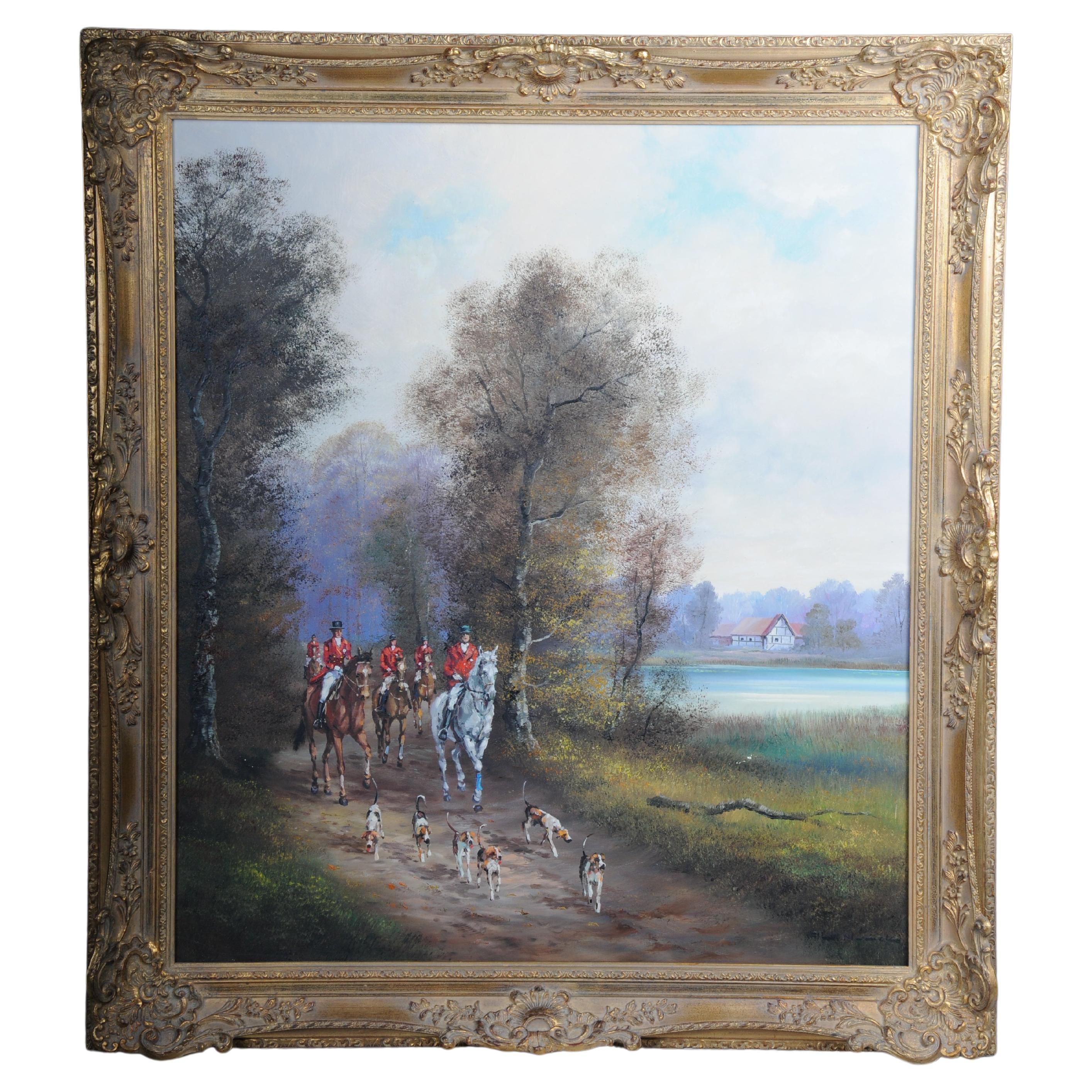Dipinto a olio impressionista del XX secolo con cavaliere a cavallo e cani da caccia, firmato in vendita