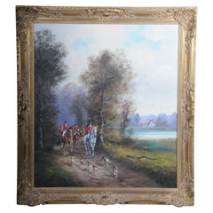 20th Century impressionist oil painting horse rider with hunting dogs, signed