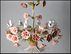 20th Century French Wrought Iron Chandeliers with Hand Painted Ceramic Flowers
