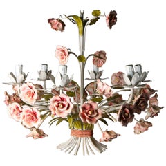 20th Century French Wrought Iron Chandeliers with Hand Painted Ceramic Flowers