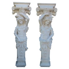 20th Century in Classic-Style White Carrara Marble Pair of Caryatids Figure