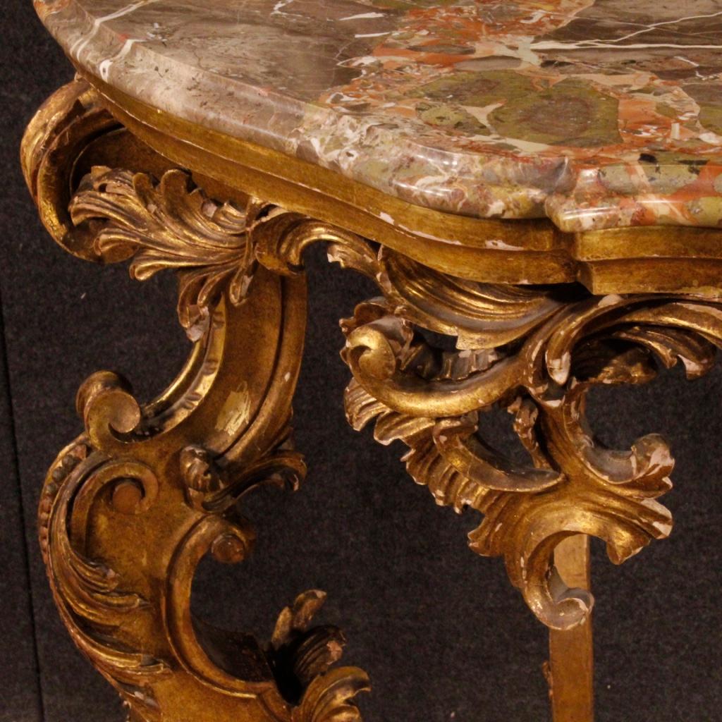 20th Century Gilded Wood With Marble Top Italian Louis XV Style Console, 1930 In Good Condition In Vicoforte, Piedmont