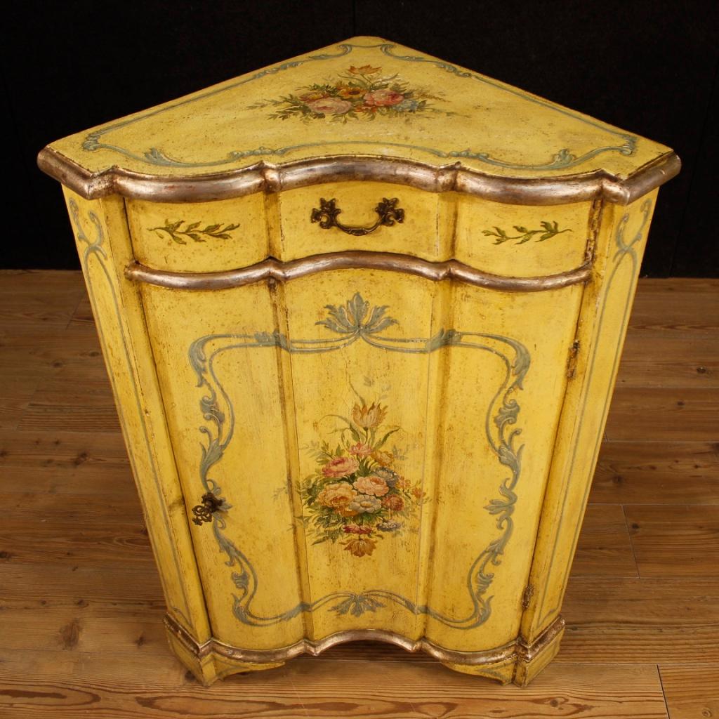 20th Century Yellow Lacquered And Painted Wood Venetian Corner Cabinet, 1960 2