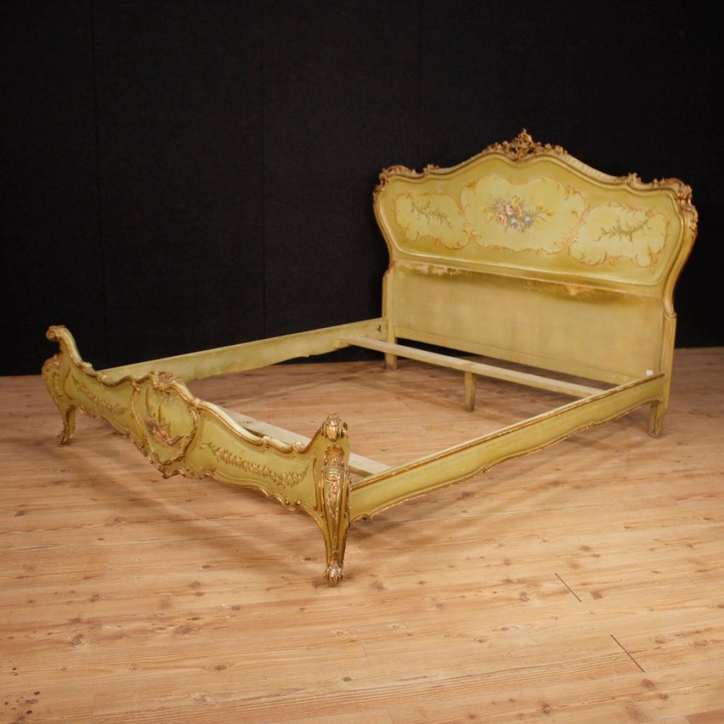 Italian 20th Century Green Lacquered, Painted And Gilded Wood Venetian Double Bed, 1960