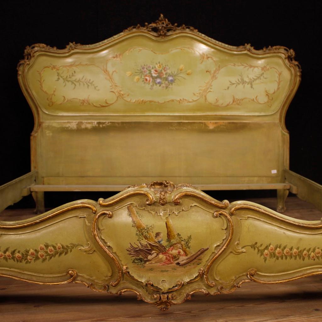 Mid-20th Century 20th Century Green Lacquered, Painted And Gilded Wood Venetian Double Bed, 1960