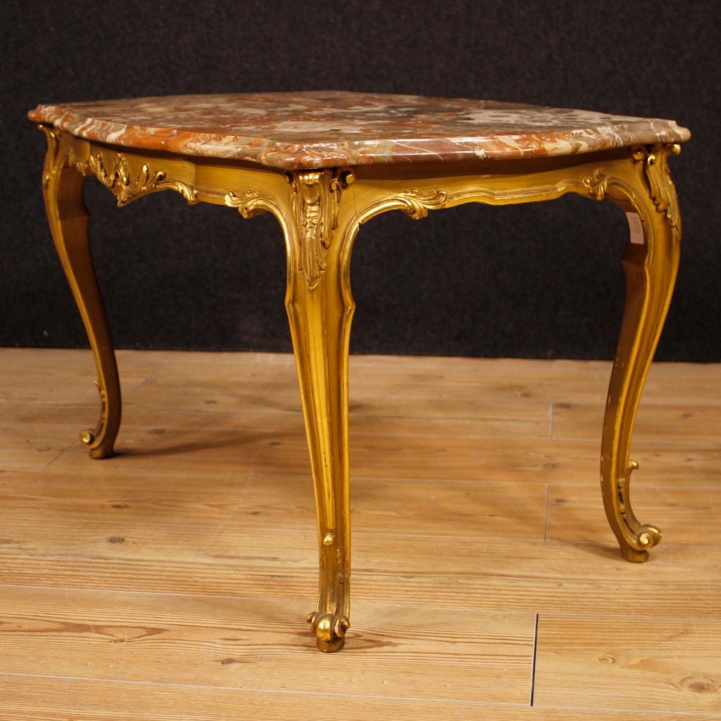 20th Century Gilt Wood with Marble Top Italian Coffee Table, 1950 In Good Condition In Vicoforte, Piedmont