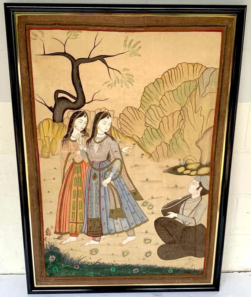 20th century Indian Mughal School painting of figures in landscape
India, Circa 1960s

A fine example in subtle earth-tone organic colors of two beauties in landscape with a seated musician. Well executed on cotton cloth, apparently unsigned.
in