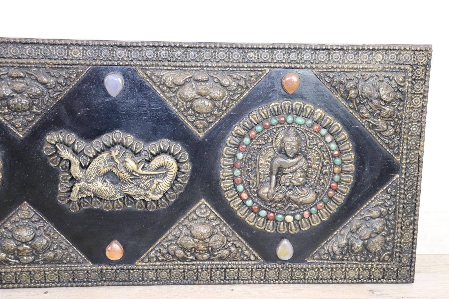 Early 20th Century 20th Century Indian Pair of Wall Decorative Wooden Panels with Brass Jade Stones