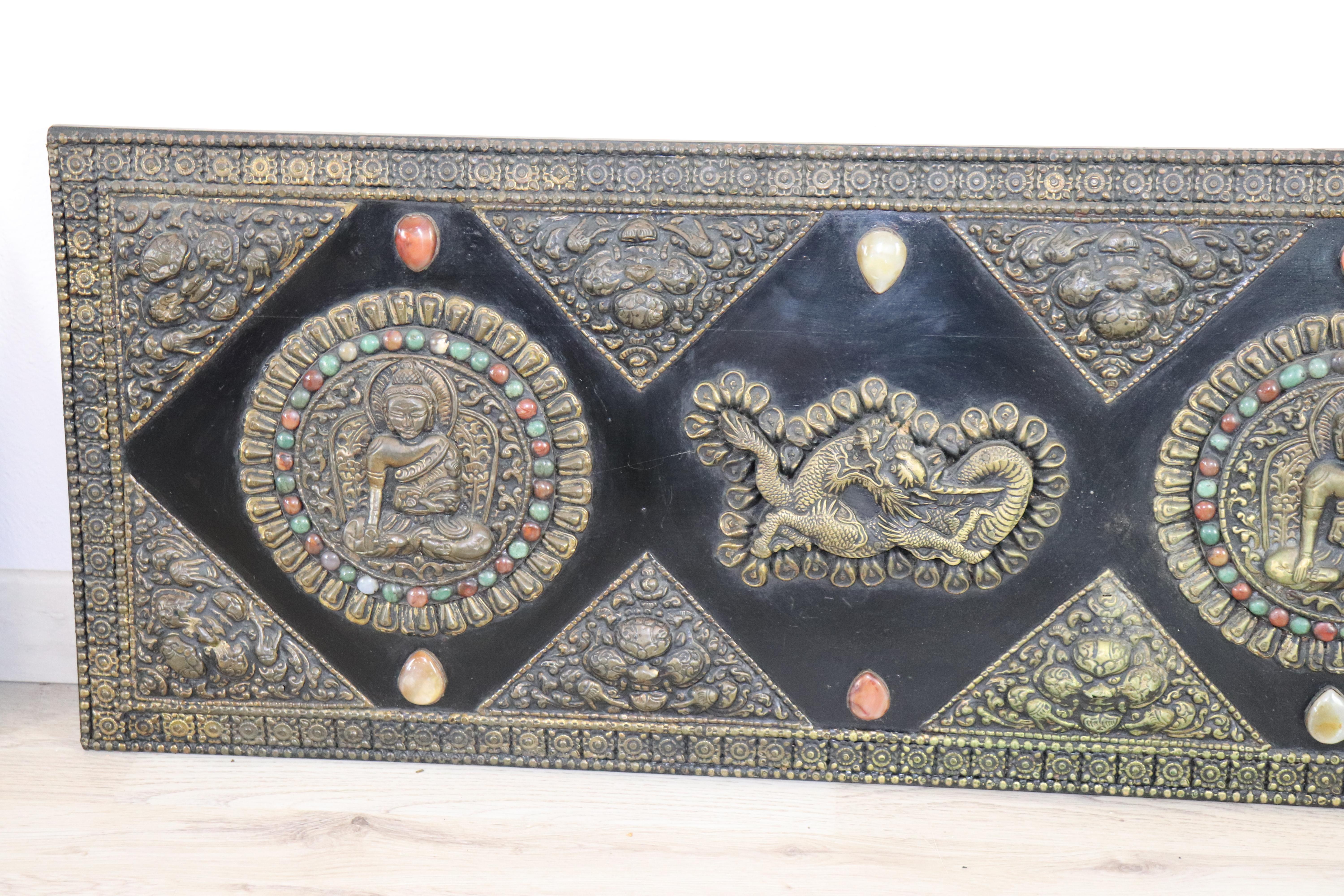 20th Century Indian Pair of Wall Decorative Wooden Panels with Brass Jade Stones 1