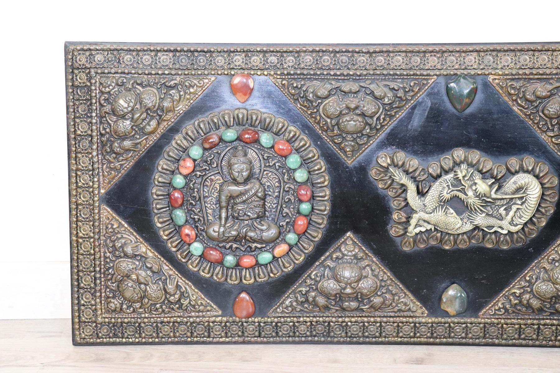 20th Century Indian Pair of Wall Decorative Wooden Panels with Brass Jade Stones 3