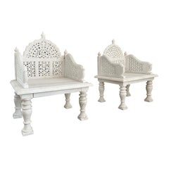 Vintage Indian White Marble Seats with Mughal Quatrefoil Design