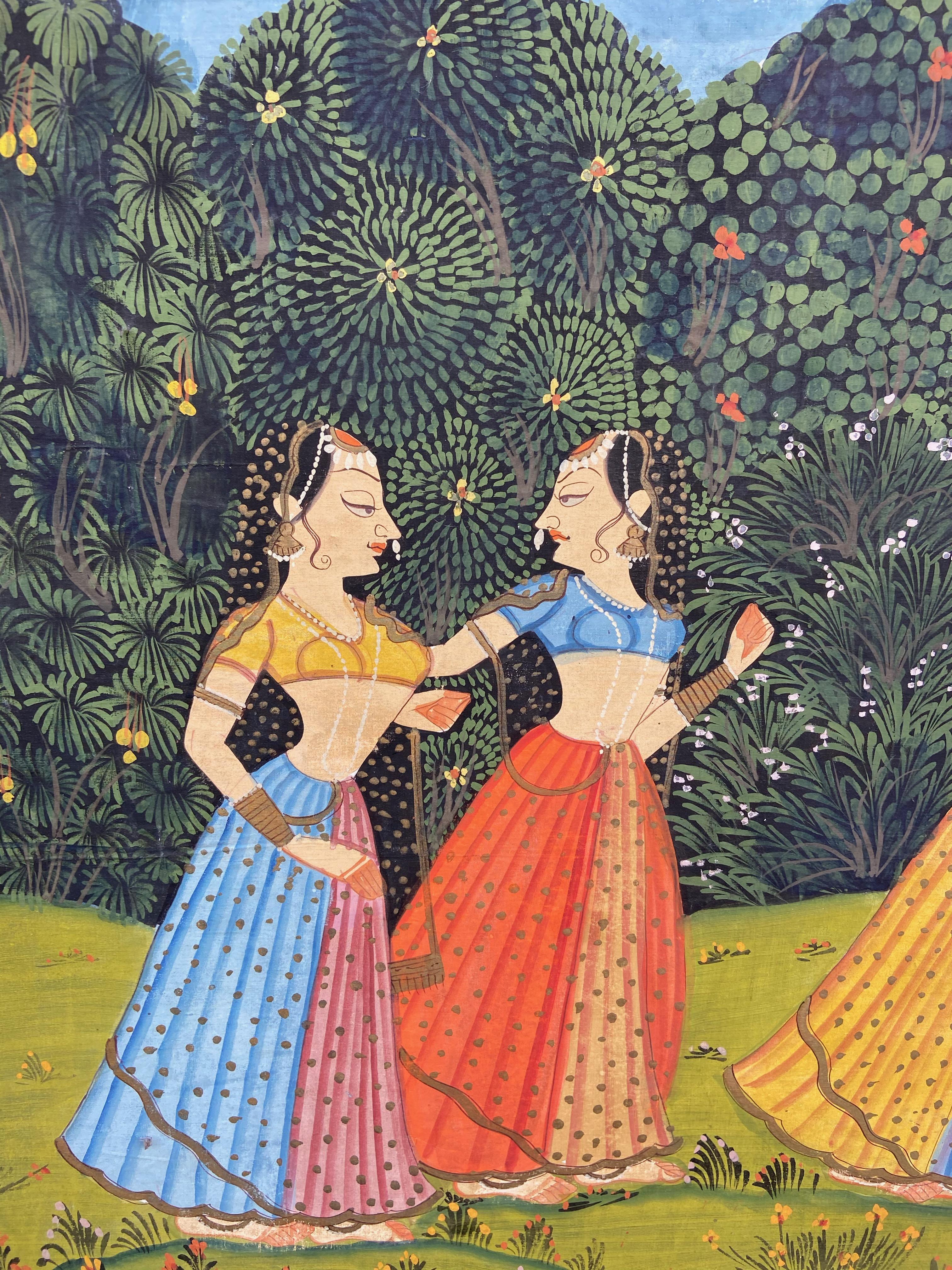 Indische Schule des 20. Jahrhunderts „Eine bemalte Tafel mit indischen Tänzern“ (Handbemalt)