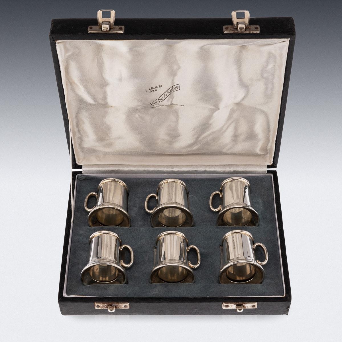 Antique 20th Century Indian solid silver set of six mini tankards. In my humble opinion, every dinner party needs a set of these 'tankards' brought out with the After Eights to finish the evening right. Of double sho size (50ml) they take he form of