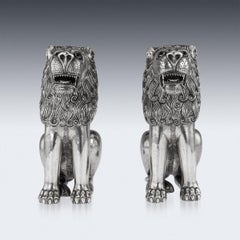 20th Century Indian Solid Silver Pair of Royal Throne Lion Figures, circa 1900