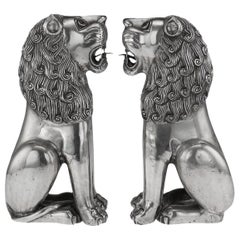 20th Century Indian Solid Silver Pair of Royal Throne Lion Figures, circa 1900