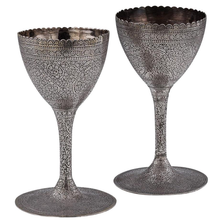 20th Century Indian Solid Silver "Shawl" Pair Of Wine Goblets, Kashmir c.1900