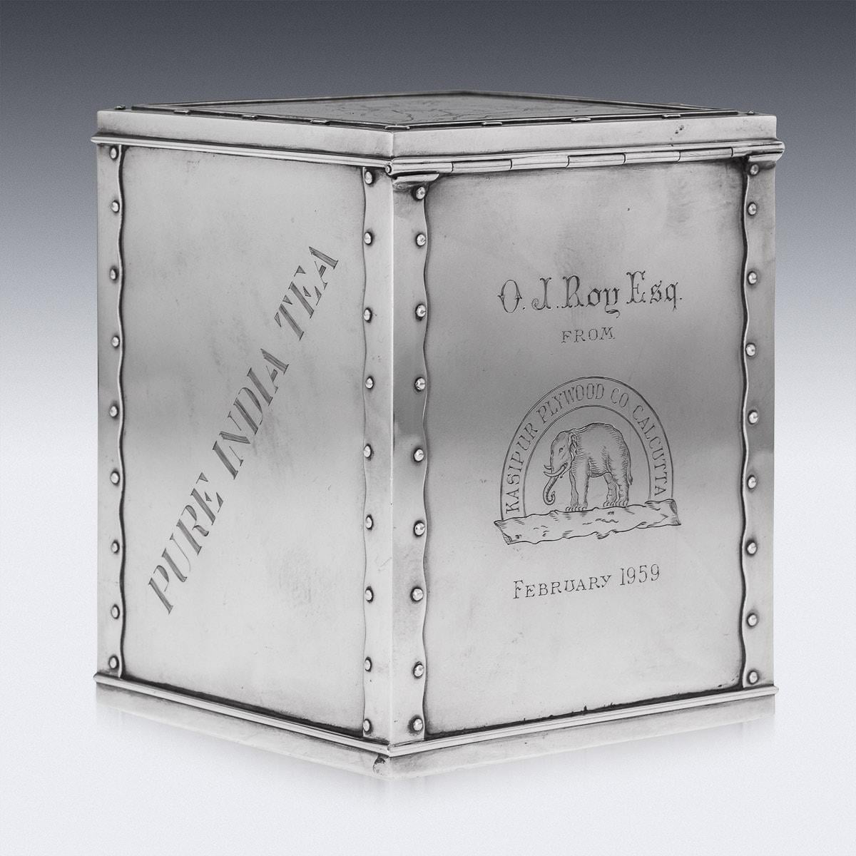 20th Century Indian Solid Silver Tea Chest Shaped Caddy, Hamilton & Co, C.1958 For Sale 1