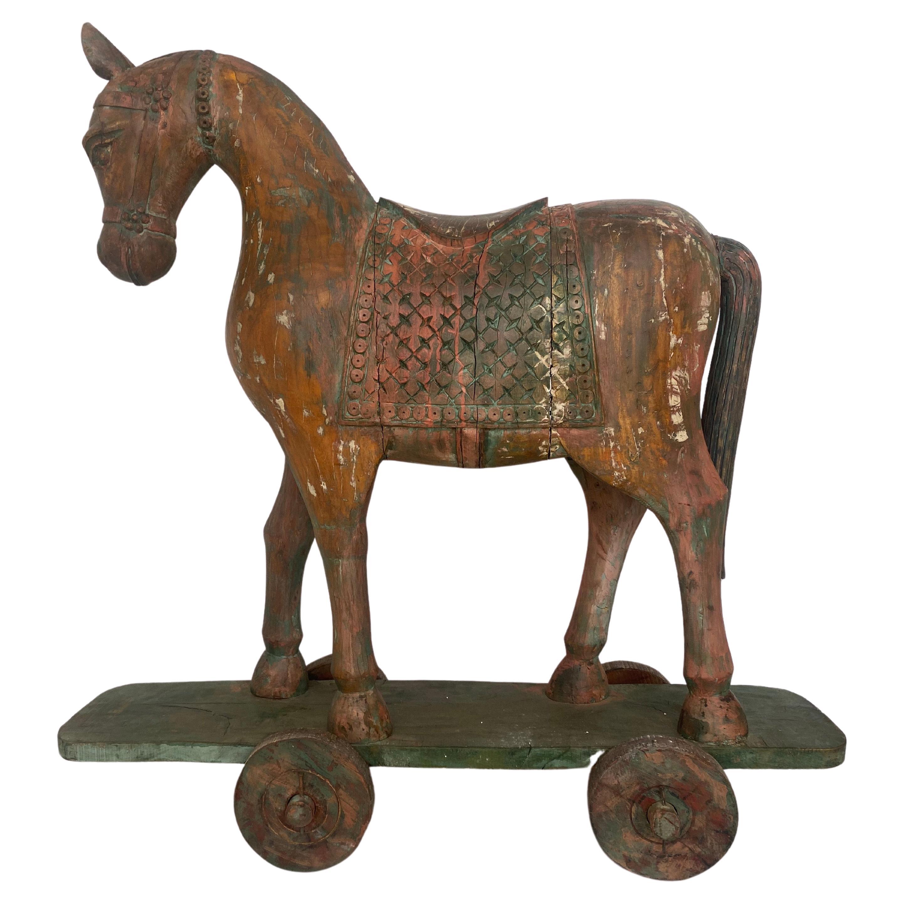 20th Century Indian Temple Horse Painted Wood For Sale