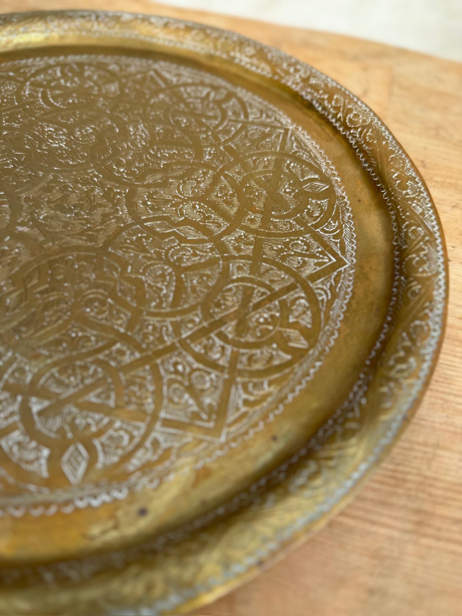 20th century Indo Persian Brass Coffee Tray - Hammer Engraved In Good Condition For Sale In West Hollywood, CA