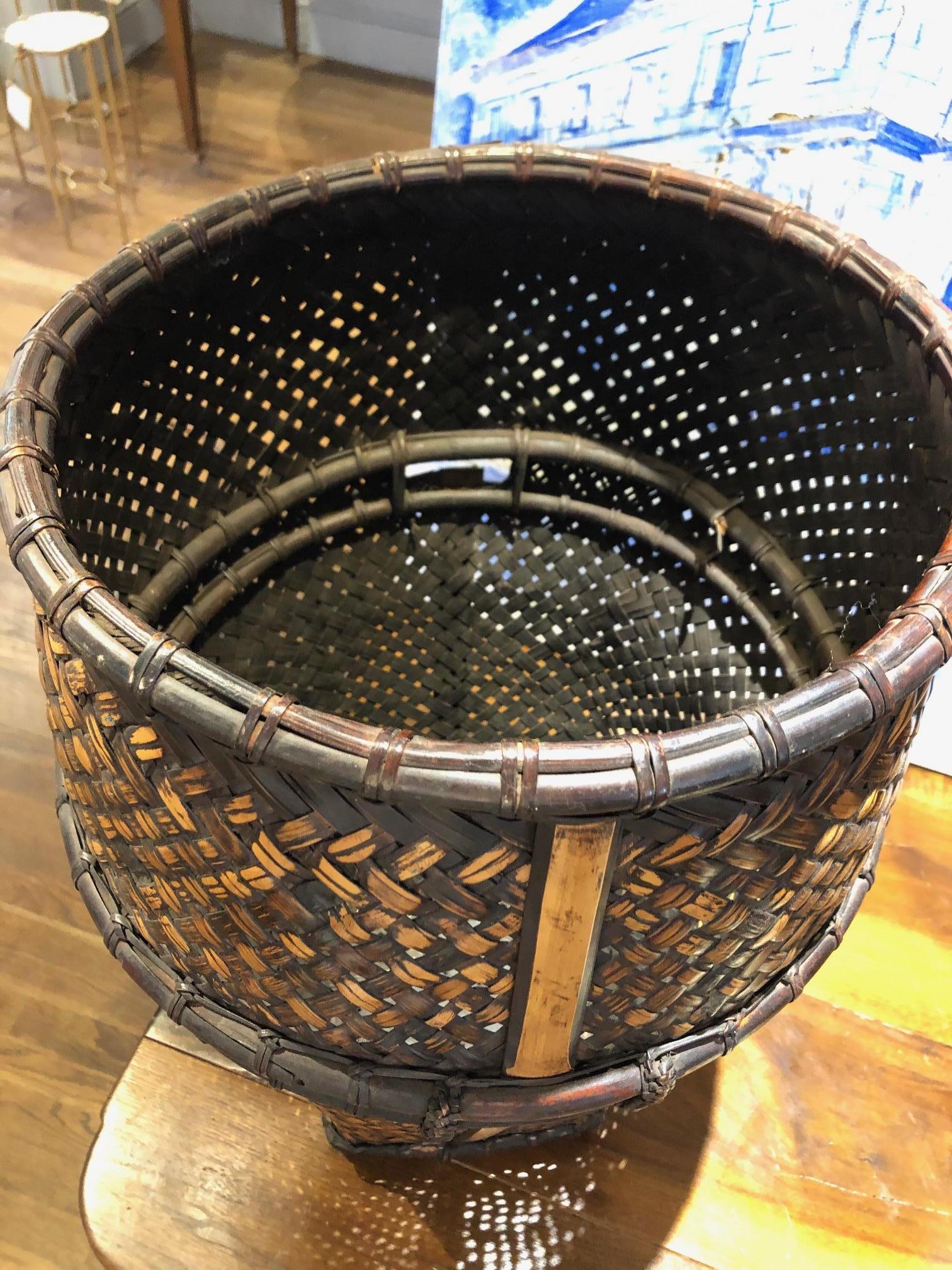 Hand-Woven 1930s Indonesian Handwoven Rattan and Bamboo Hauling Basket