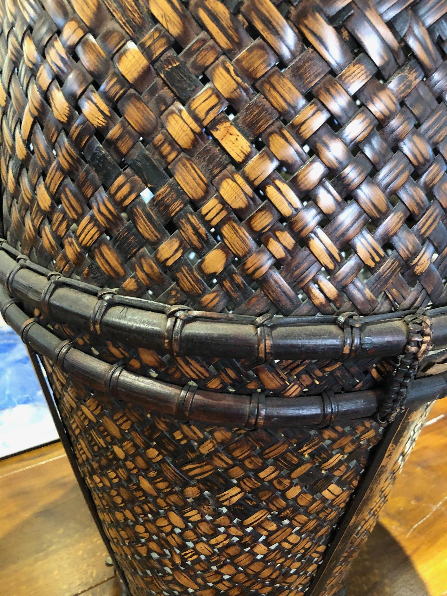 20th Century 1930s Indonesian Handwoven Rattan and Bamboo Hauling Basket
