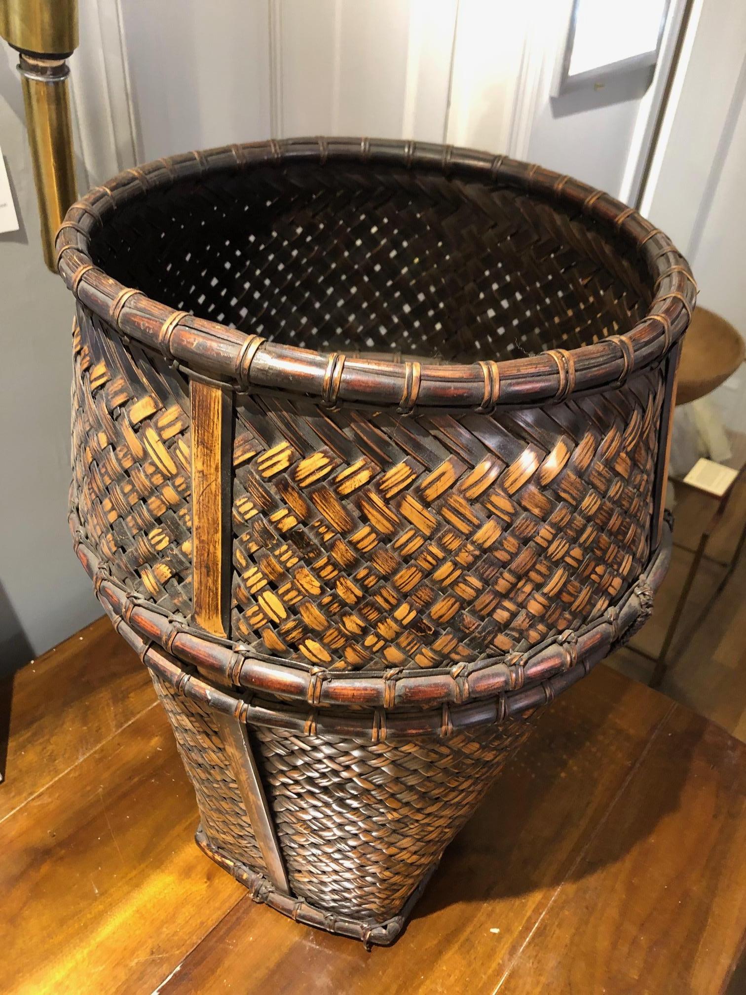 20th Century 1930s Indonesian Handwoven Rattan and Bamboo Hauling Basket