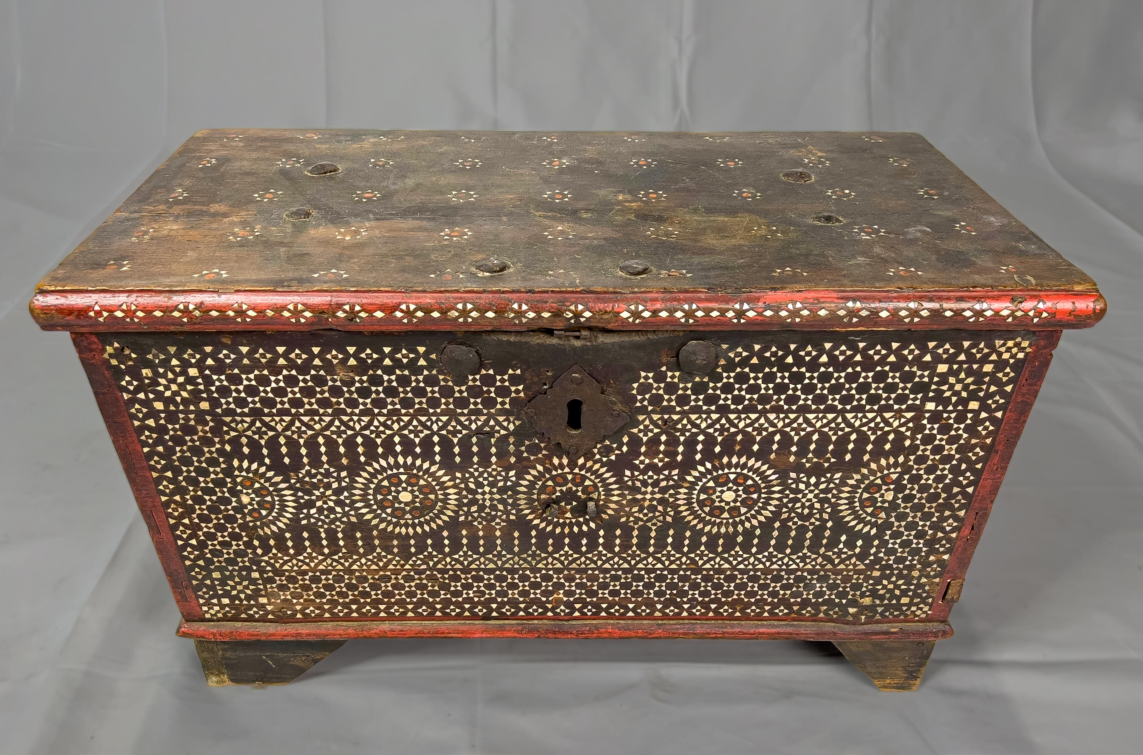 20th century Indonesian wooden blanket chest with Mother of Pearl Inlay. (The lid is no longer attached to the chest).