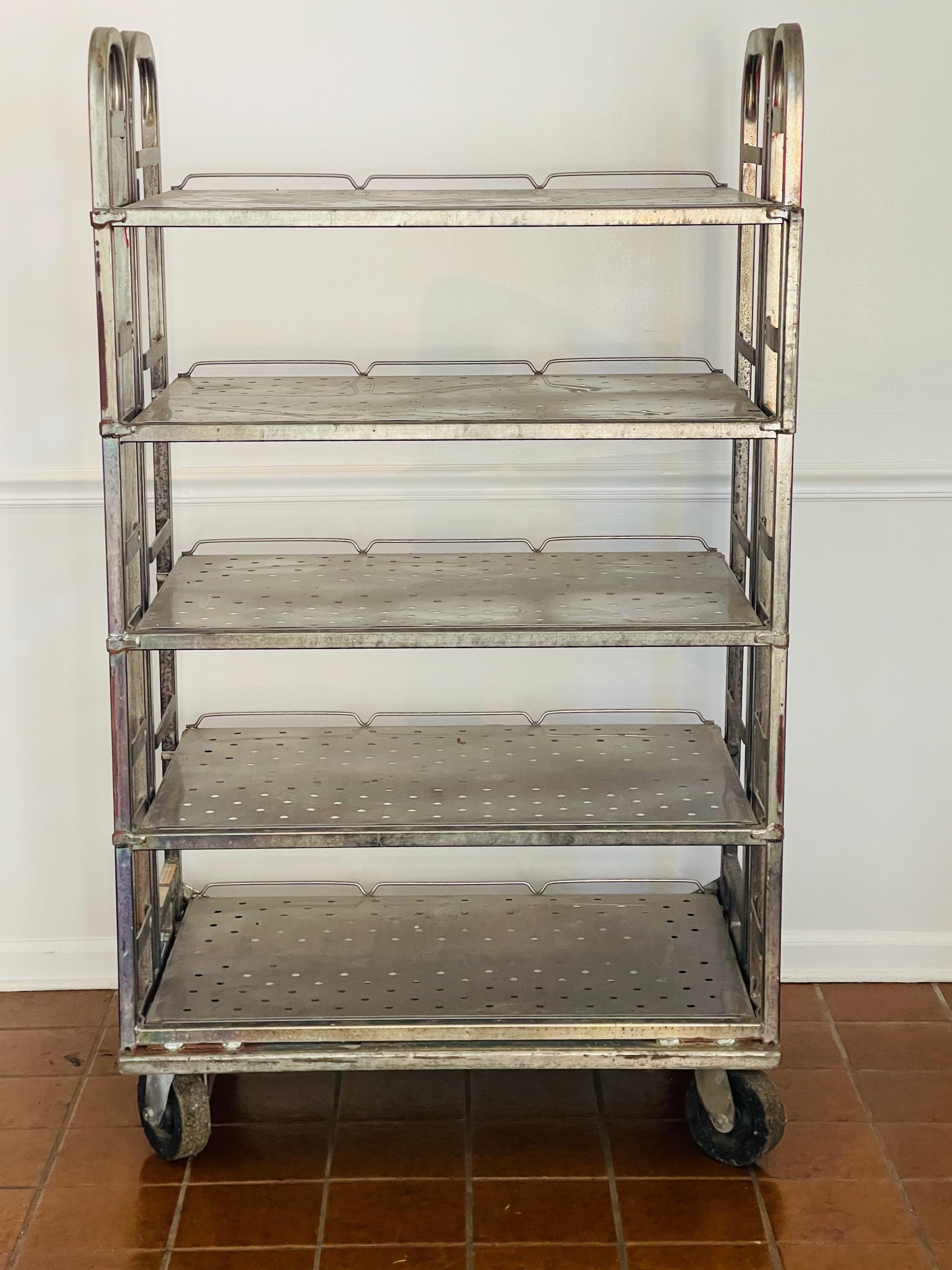 Great shelving for kitchen or living room. Indoors only. Heavy duty. Originally used in for the dairy industry. Wonderful industrial look.