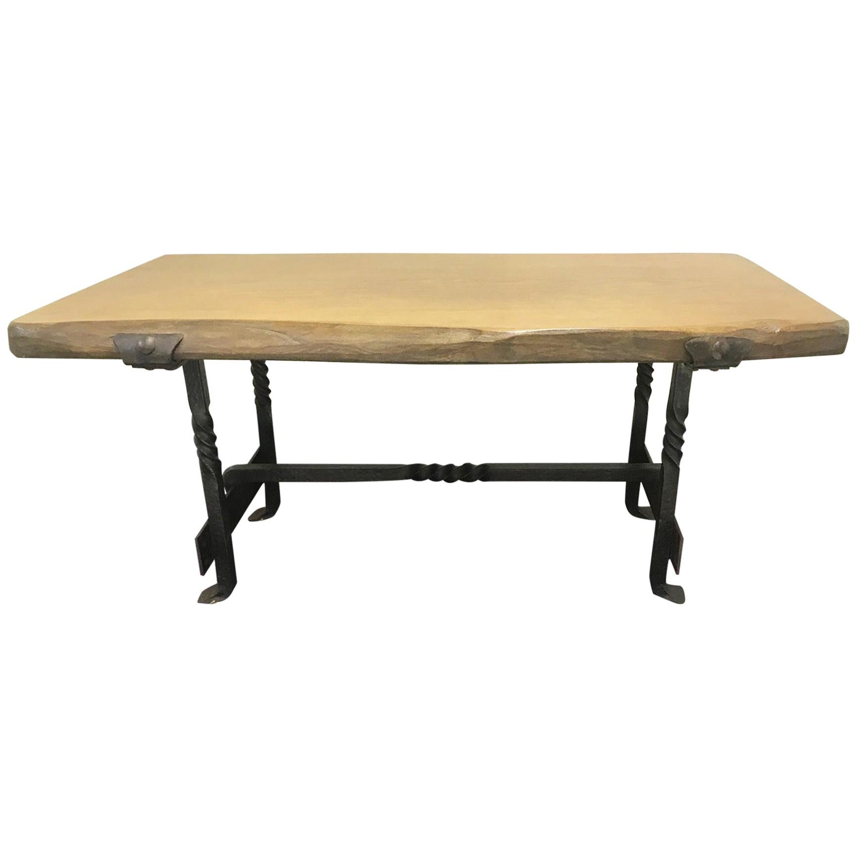 20th Century Industrial Walnut and Iron Live Edge Coffee Table For Sale