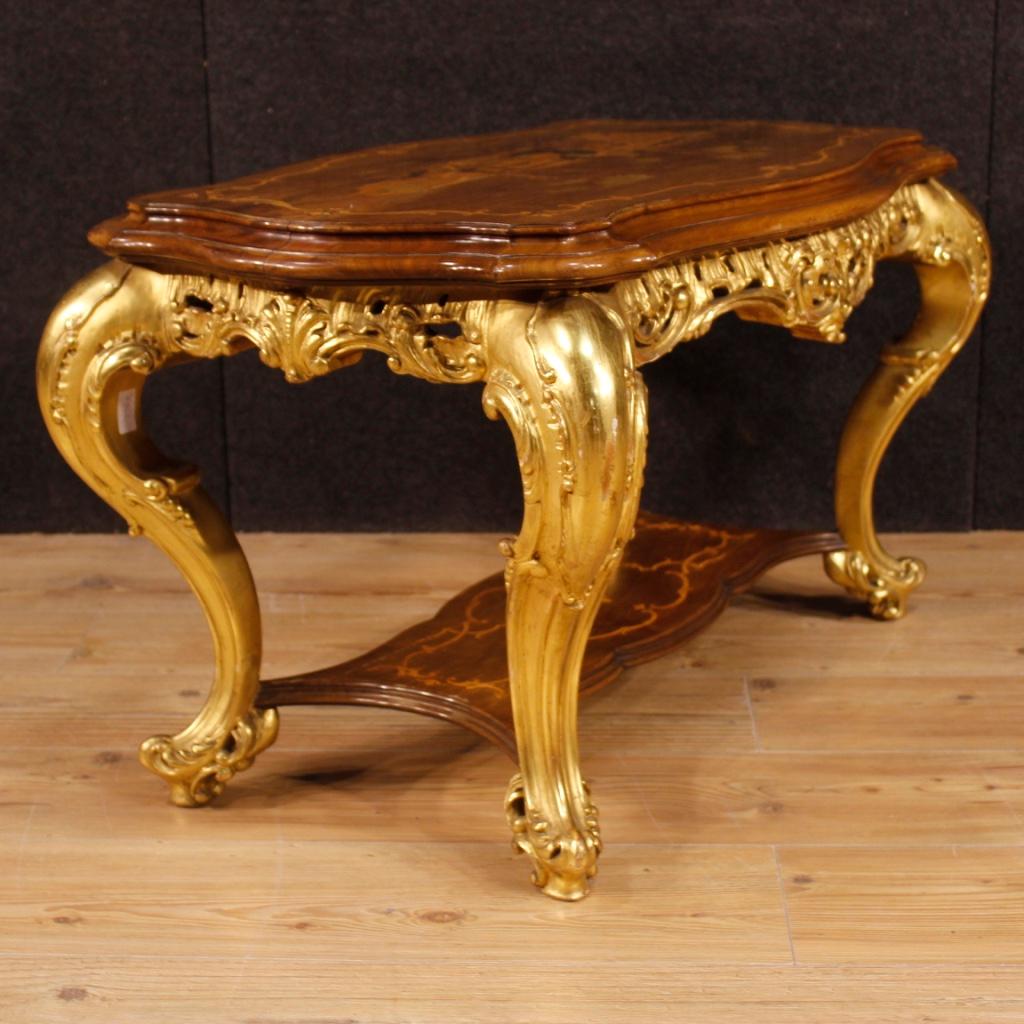 20th Century Inlaid and Giltwood Italian Coffee Table, 1970 In Good Condition In Vicoforte, Piedmont