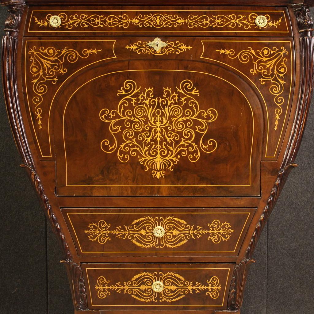 20th Century Inlaid Carved Wood Austrian Biedermeier Style Secretaire Desk, 1960s In Good Condition For Sale In Vicoforte, Piedmont