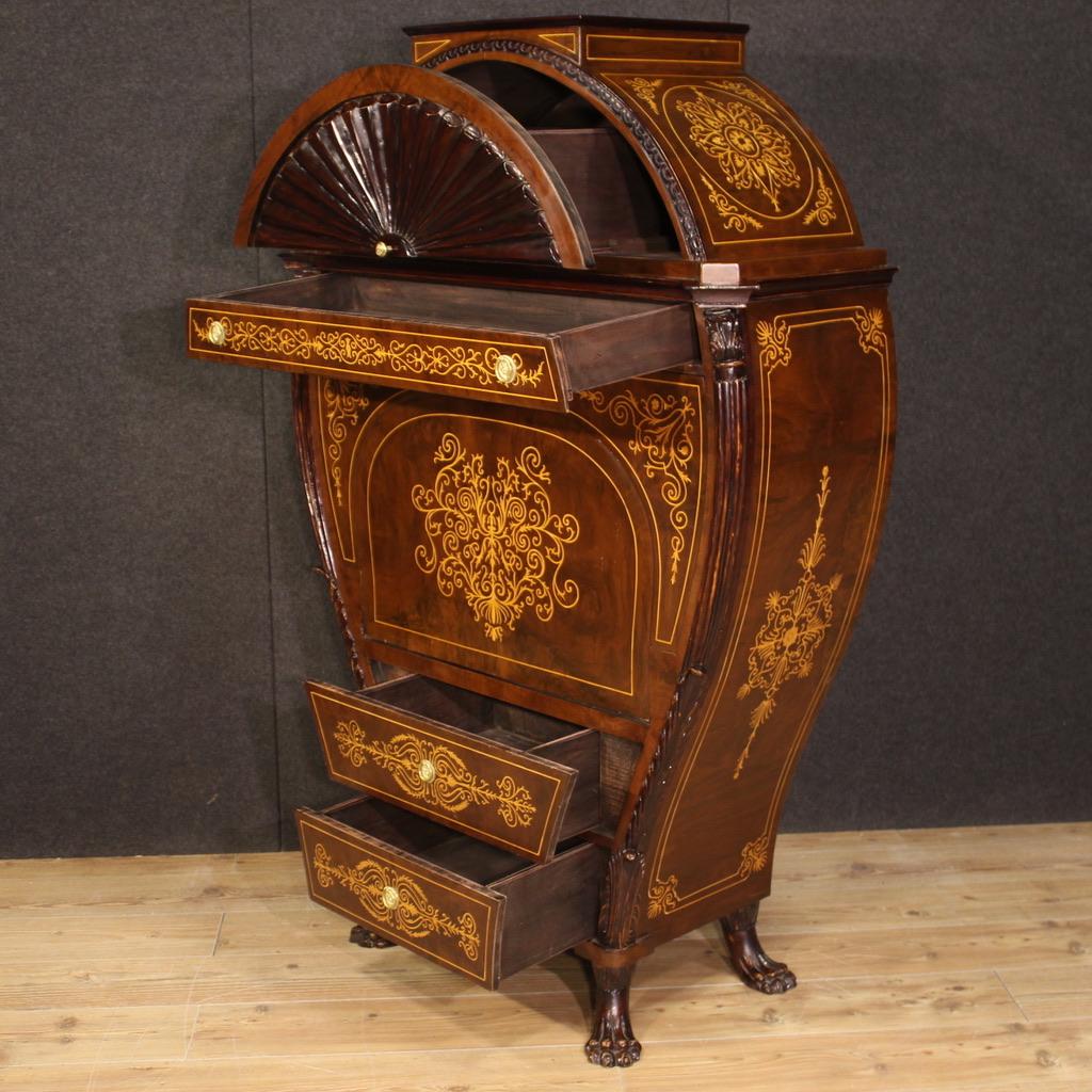 20th Century Inlaid Carved Wood Austrian Biedermeier Style Secretaire Desk, 1960s For Sale 4