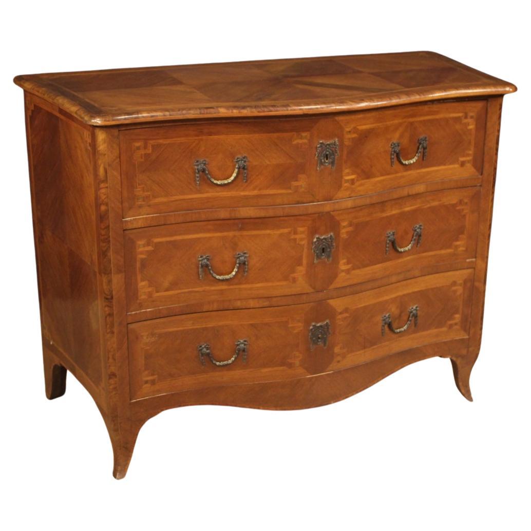 20th Century Inlaid Veneered Wood Italian Louis XV Style Chest of Drawers, 1950s For Sale