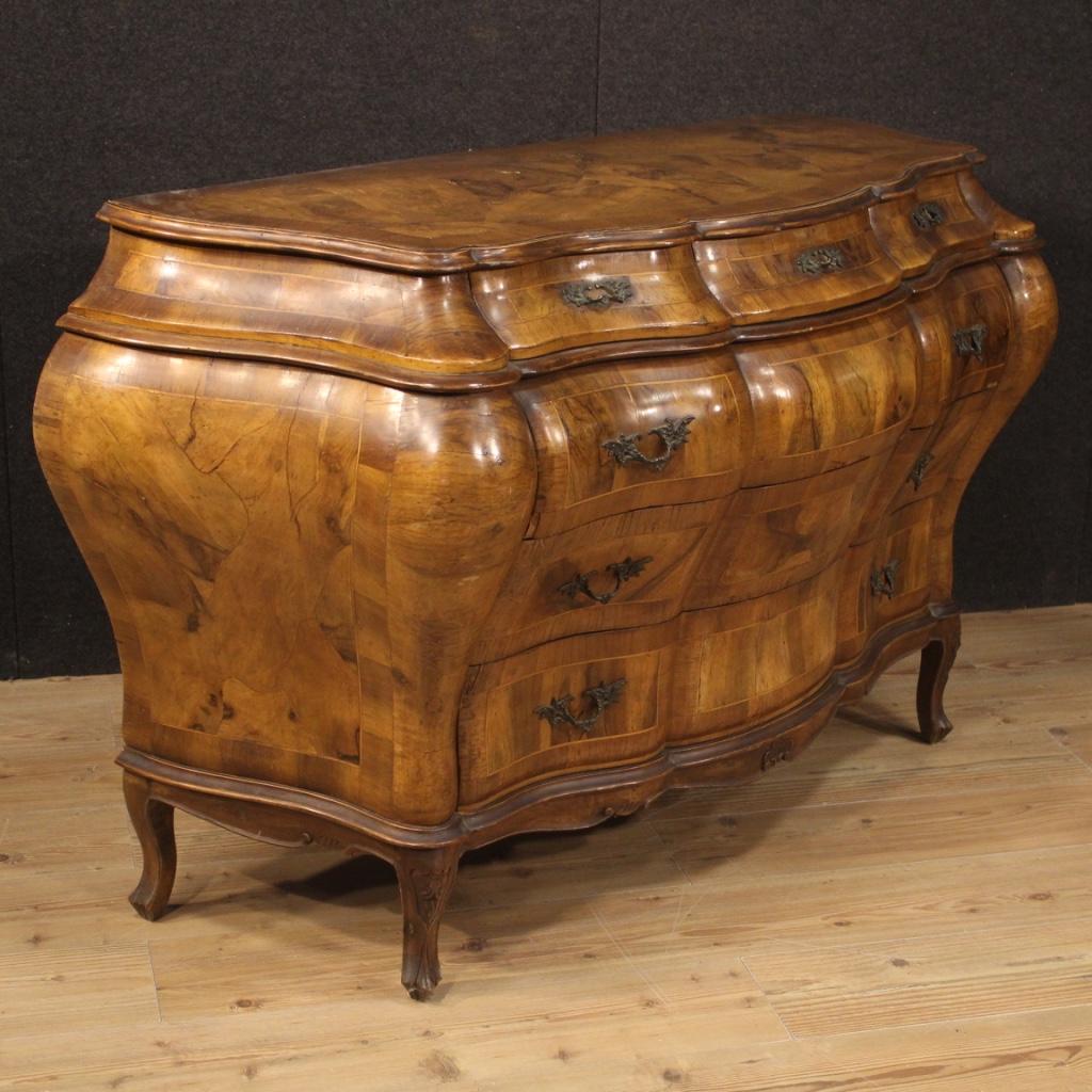 20th century Venetian dresser. Furniture inlaid in walnut, burl walnut, maple and beech of great size and impact. Chest of drawers fitted with three smaller drawers lined up under the top and three larger drawers (see photo). Wooden top of good