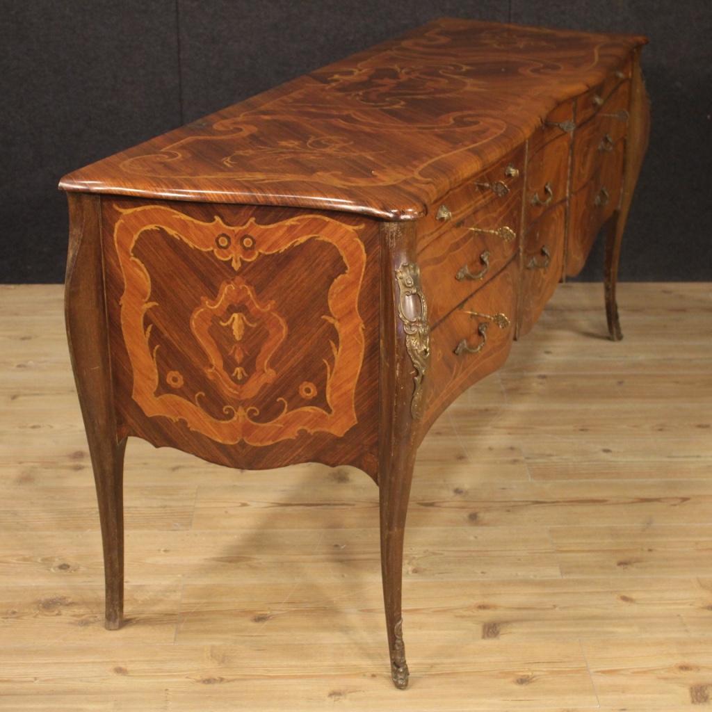 20th Century Inlaid Walnut Rosewood Beech Fruitwood Wood Italian Commode, 1960 In Good Condition In Vicoforte, Piedmont