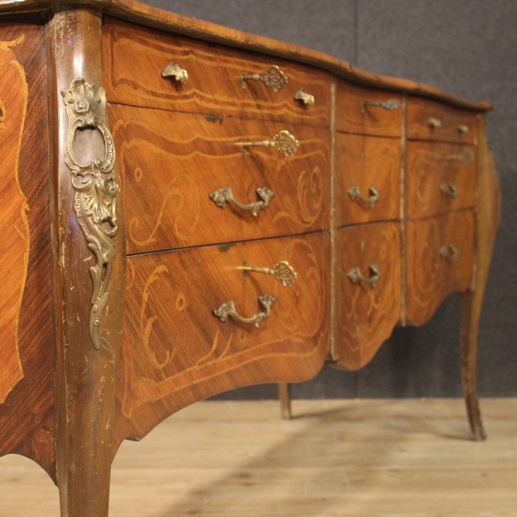 Abalone 20th Century Inlaid Walnut Rosewood Beech Fruitwood Wood Italian Commode, 1960