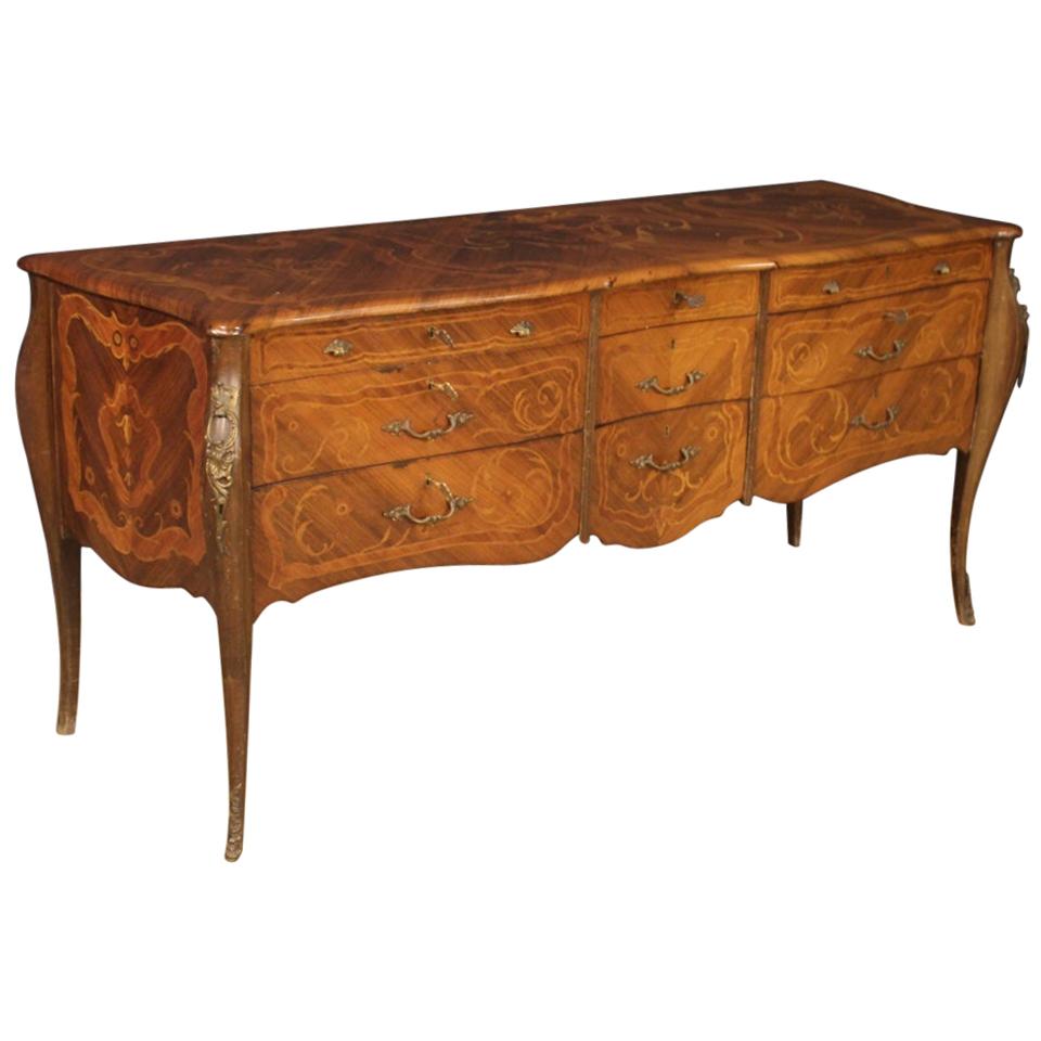 20th Century Inlaid Walnut Rosewood Beech Fruitwood Wood Italian Commode, 1960