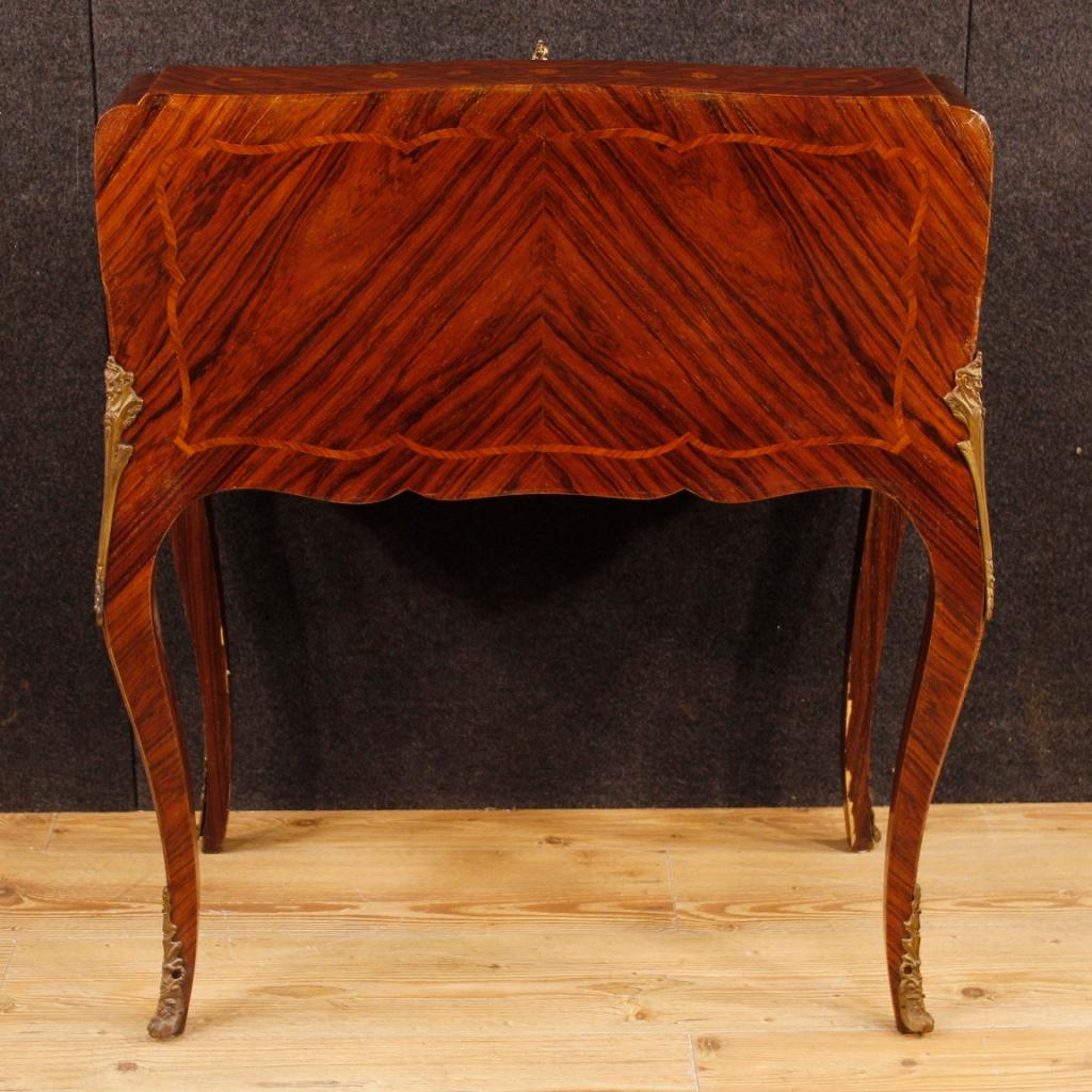 20th Century Inlaid Wood and Gilt Bronze French Bureau, 1960 In Fair Condition In Vicoforte, Piedmont