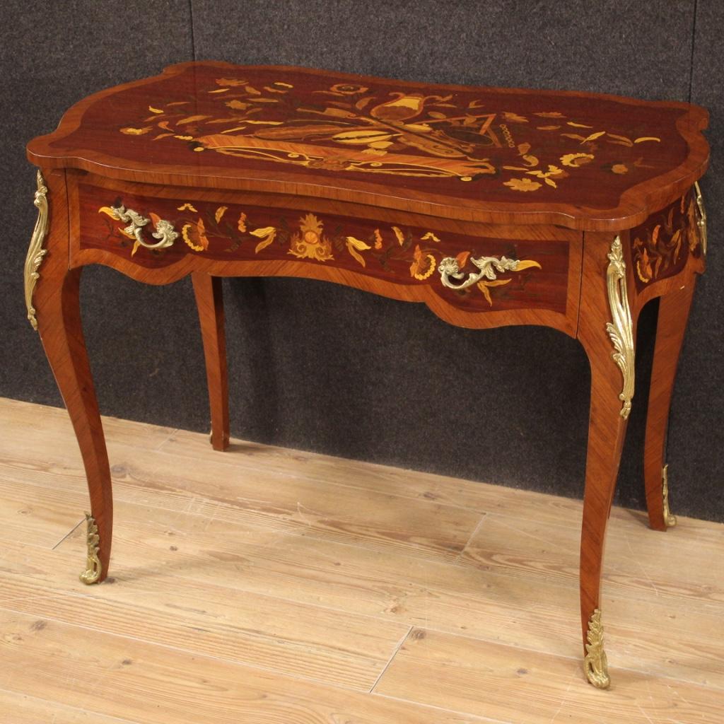 20th Century Inlaid Wood and Gold Bronze French Writing Desk, 1960 In Good Condition In Vicoforte, Piedmont