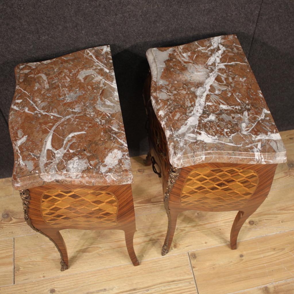 Marble 20th Century Inlaid Wood Antique French Bedside Tables, 1960