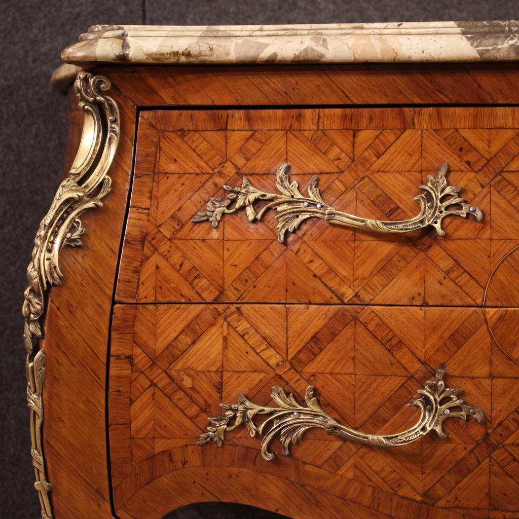 Marble 20th Century Inlaid Wood Antique French Louis XV Style Chest Of Drawers, 1920s For Sale